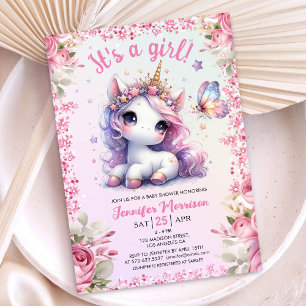 Convite Chuva de Bebê Unicórnio Menina Rosa Roxo Floral Fo