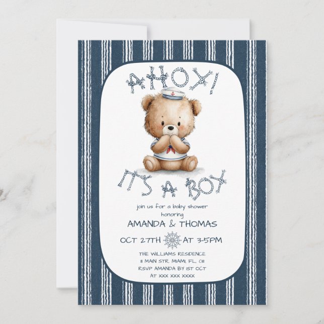 Convite Chuva de Bebê Urso Ahoy Náutico  (Frente)
