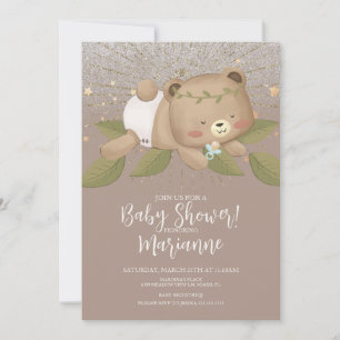 Convite Chuva de Bebê Urso Brilho Boêmio Estrelas Dourado