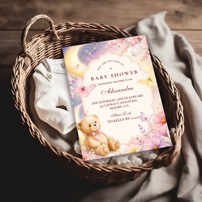 Convite Chuva de Bebê Urso Celestial Lua Estrelas (Criador carregado)