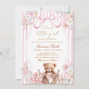 Convite Chuva de Bebê Urso com Laço Rosa e Listra Bege Flo