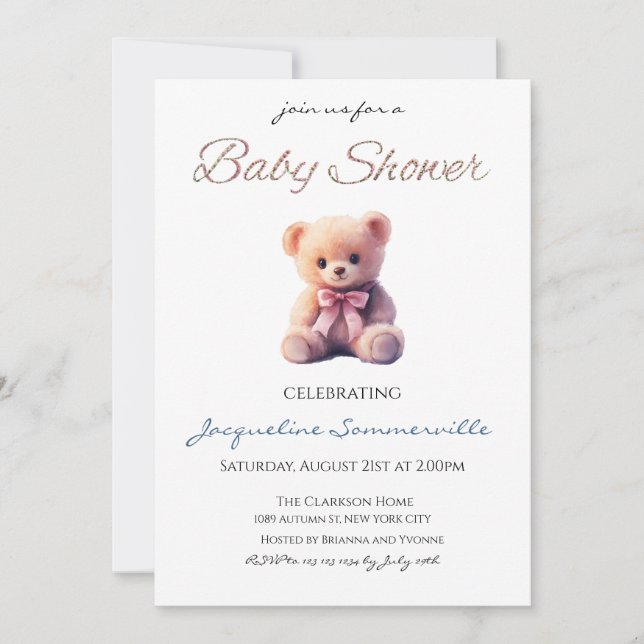 Convite Chuva de Bebê Urso com Laço Rosa É uma Menina (Frente)