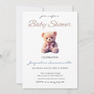 Convite Chuva de Bebê Urso com Laço Rosa É uma Menina