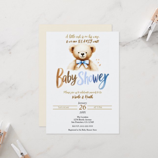 Convite Chuva de Bebê Urso de Água Azul Bearly Teddy (Frente/Verso In Situ)