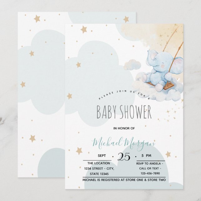 Convite Chuva de Bebê Urso de Pelúcia Azul Estrelas Nuvens (Frente/Verso)