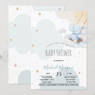 Convite Chuva de Bebê Urso de Pelúcia Azul Estrelas Nuvens