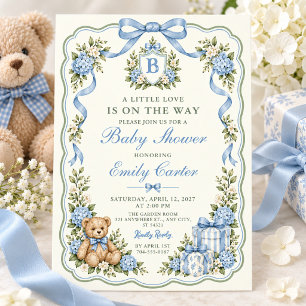 Convite Chuva de Bebê Urso de Pelúcia Azul Préppy de Hortê