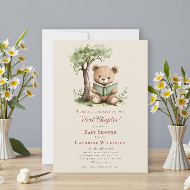 Convite Chuva de Bebê Urso de Pelúcia Lendo o Próximo Capí (Criador carregado)