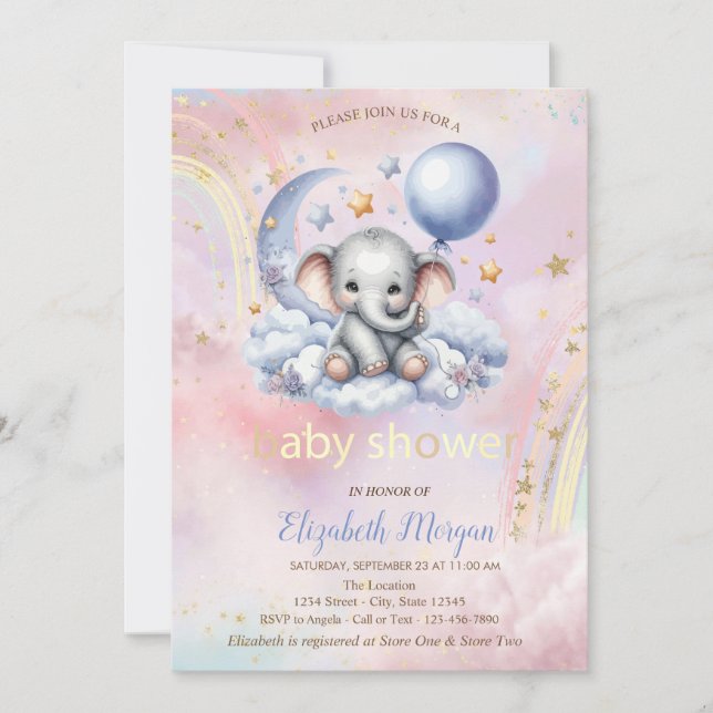 Convite Chuva de Bebê Urso de Pelúcia Lua Arco-Íris (Frente)
