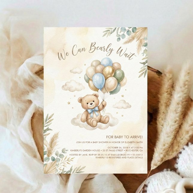 Convite Chuva de Bebê Urso de Pelúcia Marrom e Balões Verd (Criador carregado)