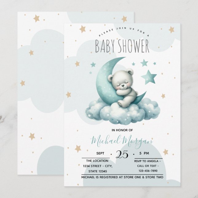 Convite Chuva de Bebê Urso de Pelúcia Verde Nuvens Lua Est (Frente/Verso)