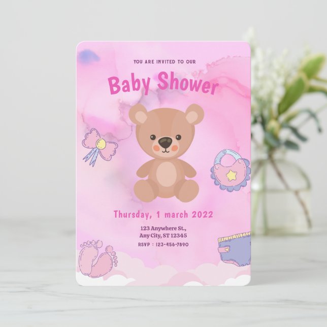 Convite Chuva de Bebê Urso Desenho Animado Rosa  (Em pé/Frente)