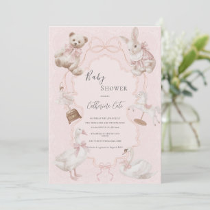 Convite Chuva de Bebê Urso Elegante Caprichoso Rosa