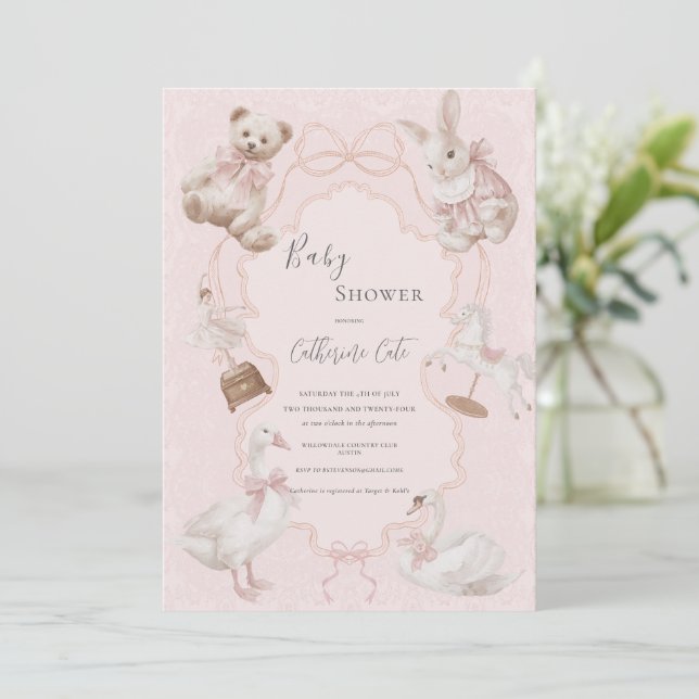 Convite Chuva de Bebê Urso Elegante Caprichoso Rosa (Em pé/Frente)