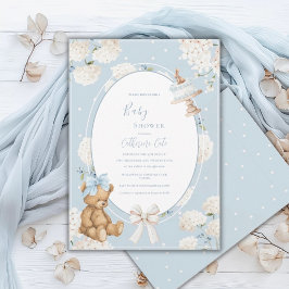 Convite Chuva de Bebê Urso Elegante Hortênsia Floral Azul