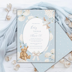 Convite Chuva de Bebê Urso Elegante Hortênsia Floral Azul