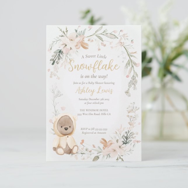 Convite Chuva de bebê urso em aquarela de inverno (Em pé/Frente)