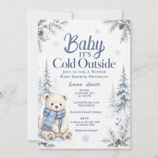 Convite Chuva de Bebê Urso Está Frio Lá Fora Neve Inverno