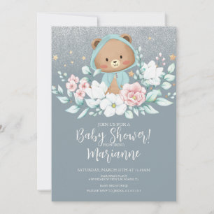 Convite Chuva de Bebê Urso Floral Brilho Azul Empoeirado