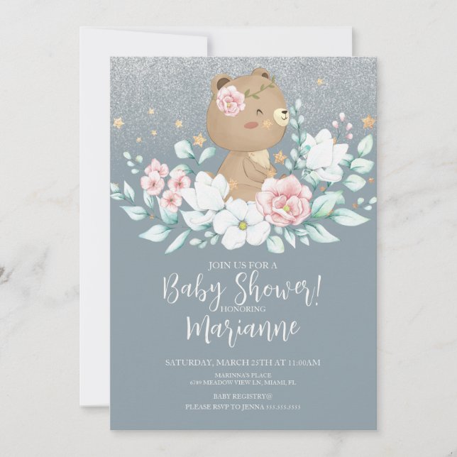 Convite Chuva de Bebê Urso Floral Brilho Rosa Azul Suave (Frente)