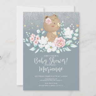 Convite Chuva de Bebê Urso Floral Brilho Rosa Azul Suave