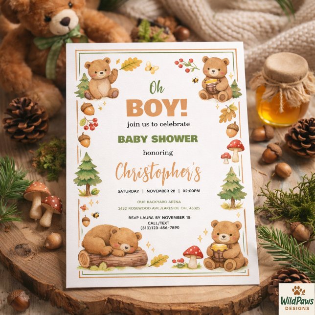 Convite Chuva de Bebê Urso Floresta em Aquarela Menino (Oh Boy Watercolor Woodland Bear Baby Shower Invitation
)