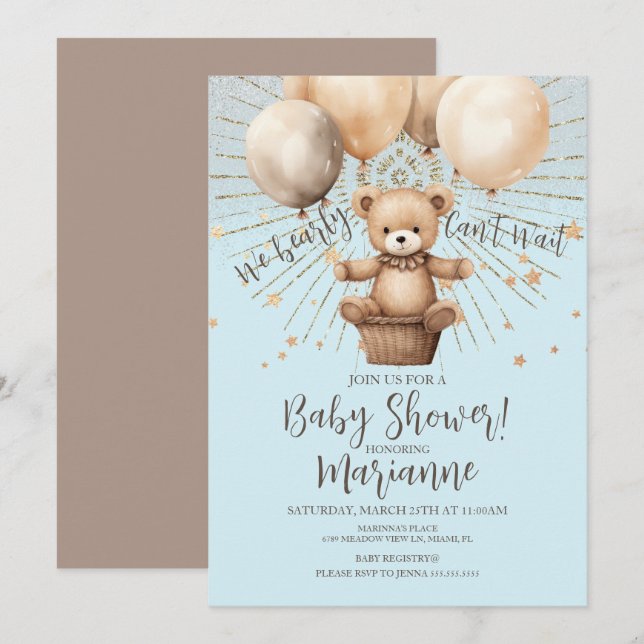 Convite Chuva de Bebê Urso Glitter Boêmio Rústico Azul (Frente/Verso)