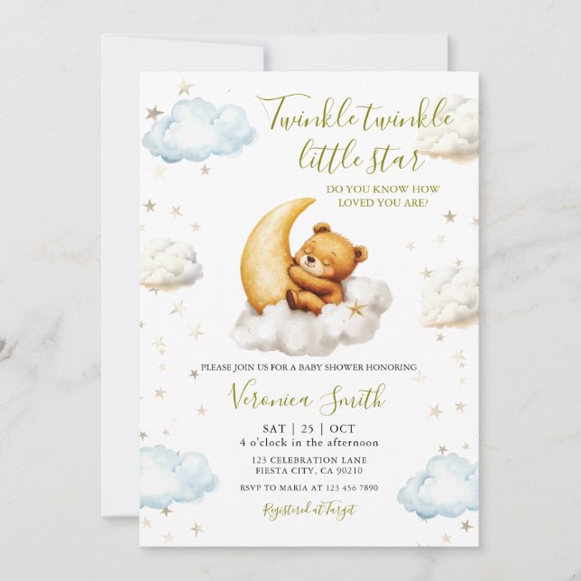 Convite Chuva de Bebê Urso Lua Twinkle Twinkle Little Star (Frente)