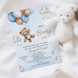 Convite Chuva de Bebê Urso Marrom Azul Brincalhão Céu Nubl