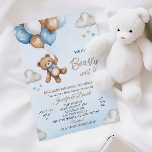 Convite Chuva de Bebê Urso Marrom Azul Brincalhão Céu Nubl