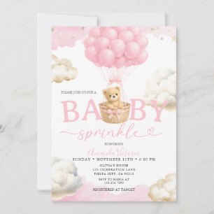Convite Chuva de Bebê Urso Neutro Rosa Balão Nuvem