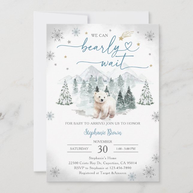 Convite Chuva de Bebê Urso Polar Azul de Inverno (Frente)
