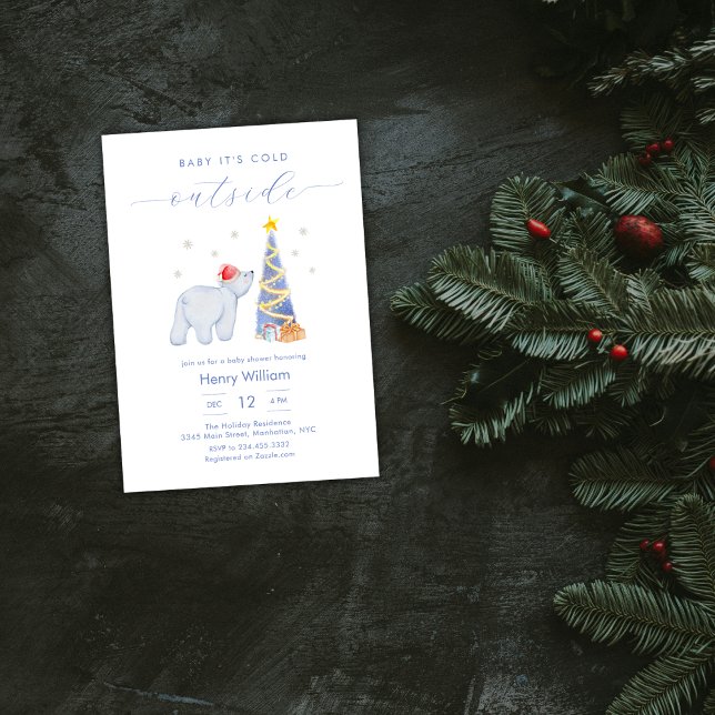 Convite Chuva de Bebê Urso Polar Floresta de Inverno Capri (Whimsical Winter Woodland Polar Bear Baby Shower Invitation)