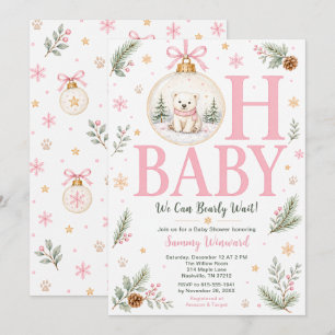 Convite Chuva de Bebê Urso Polar Rosa de Natal