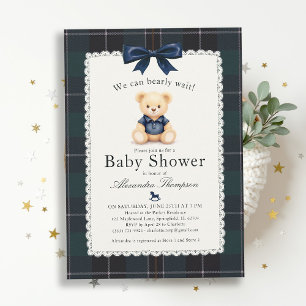 Convite Chuva de Bebê Urso Polo Xadrez Tarta Laço