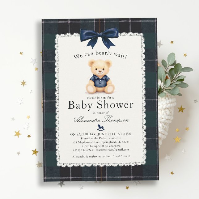 Convite Chuva de Bebê Urso Polo Xadrez Tarta Laço (bearly wait baby shower invitation traditional classic nursery decor teddy bear bow plaid tartan)