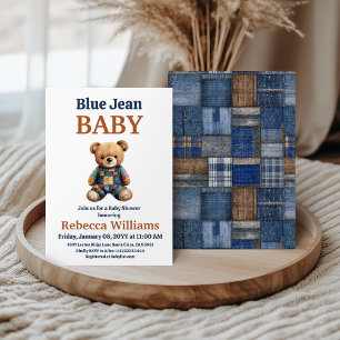Convite Chuva de Bebê Urso Remendado de Denim Ocidental Az