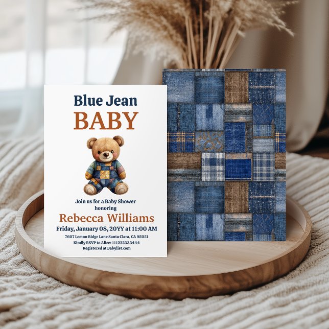 Convite Chuva de Bebê Urso Remendado de Denim Ocidental Az (Criador carregado)