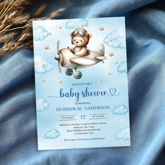 Convite Chuva de Bebê Urso Teddy Azul Marrom Piloto Elegan (Elegant Blue Brown Teddy Bear Pilot Baby Shower Invite

)