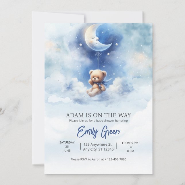 Convite Chuva de Bebê Urso Teddy Azul Nós Mal Podemos Espe (Frente)
