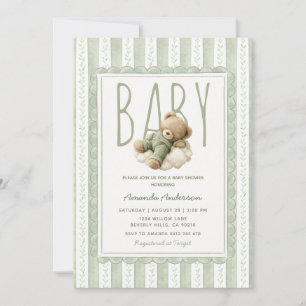 Convite Chuva de Bebê Urso Verde Sage Listra Floral