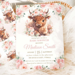 Convite Chuva de Bebê Vaca Highland Fofa Floral Rosa