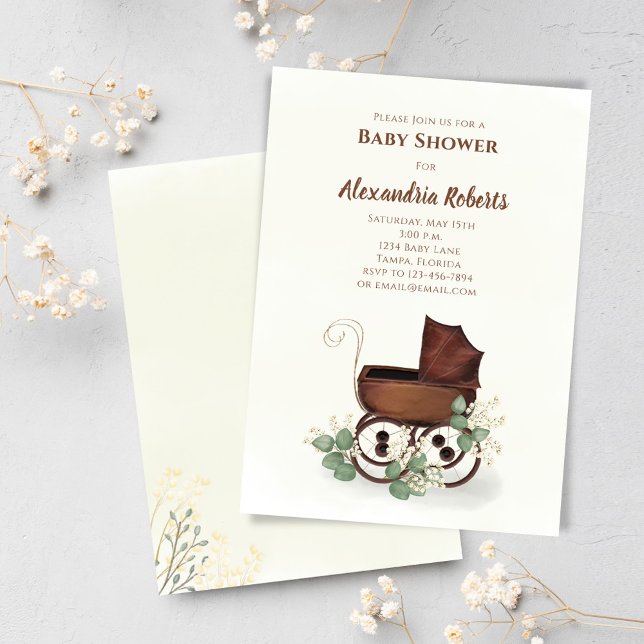 Convite Chuva de Bebê Verde Antigo Carrinho (Vintage style baby shower gender neutral invitations. )
