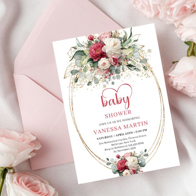 Convite Chuva de Bebê Verde Branco Boêmio Doce Burgundy (Sweet Bohemian Burgundy White Greenery Baby Shower)