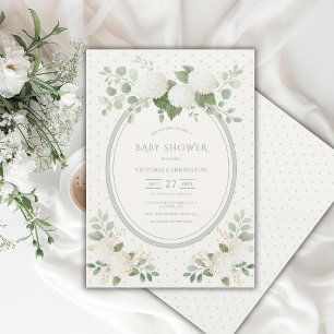 Convite Chuva de Bebê Verde Flor de Hortênsia Branca Vinta