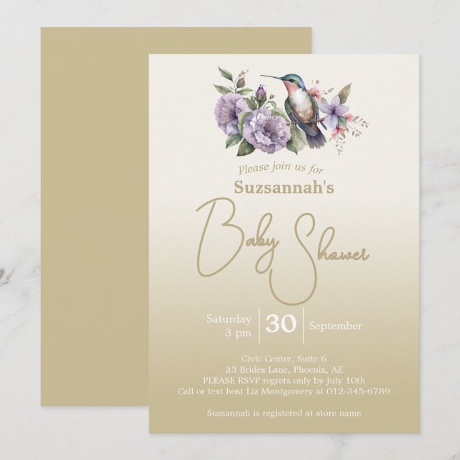 Convite Chuva de Bebê Verde Pastel Beija-Flor Ombre (Frente/Verso)