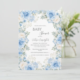 Convite Chuva de Bebê Vintage Floral Azul Elegante