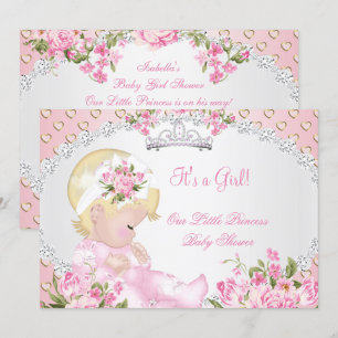 Convite Chuva de Bebê Vintage Menina Rosa Floral Corações