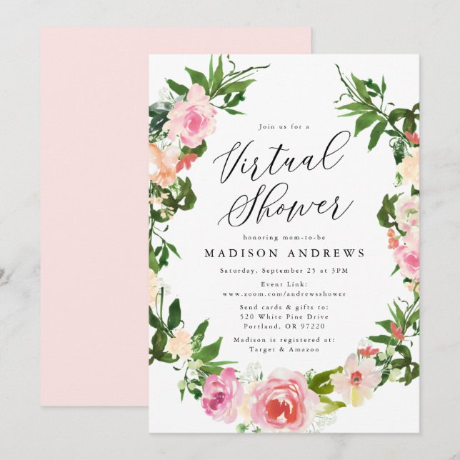 Convite Chuva de Bebê Virtual Coroa de Flores Rosa Suave (Frente/Verso)