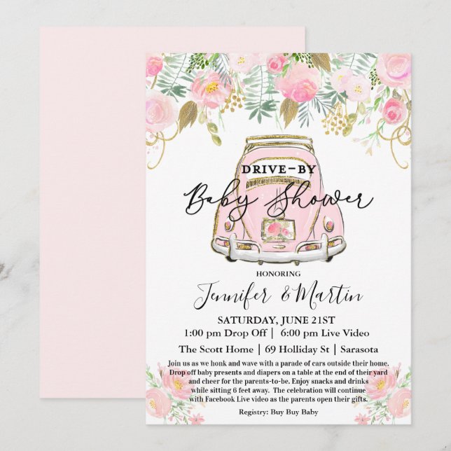 Convite Chuva de Bebê Virtual Drive By Baby Shower (Frente/Verso)